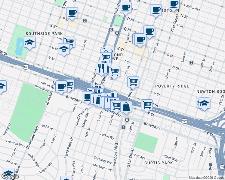 map of restaurants, bars, coffee shops, grocery stores, and more near 1718 W Street in Sacramento