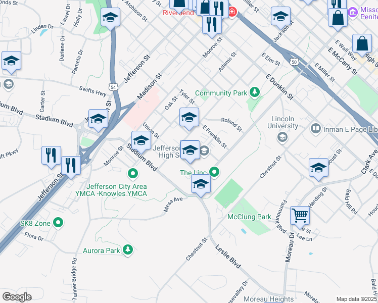 map of restaurants, bars, coffee shops, grocery stores, and more near 605 Union Street in Jefferson City