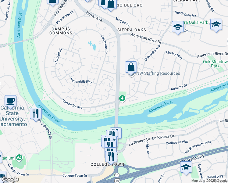 map of restaurants, bars, coffee shops, grocery stores, and more near 609 Dunbarton Circle in Sacramento