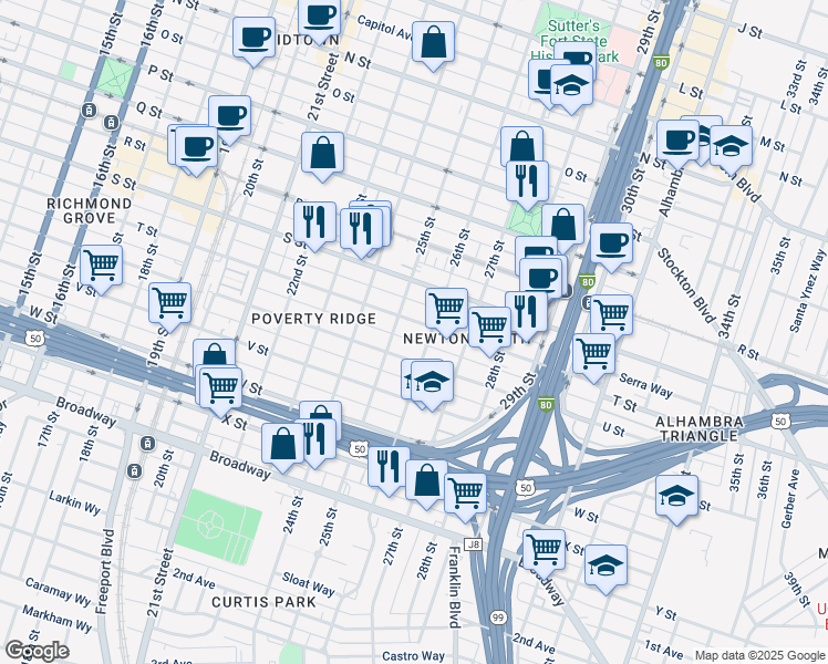 map of restaurants, bars, coffee shops, grocery stores, and more near 2512 T Street in Sacramento