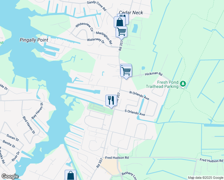 map of restaurants, bars, coffee shops, grocery stores, and more near 38139 Piney Point Road in Ocean View