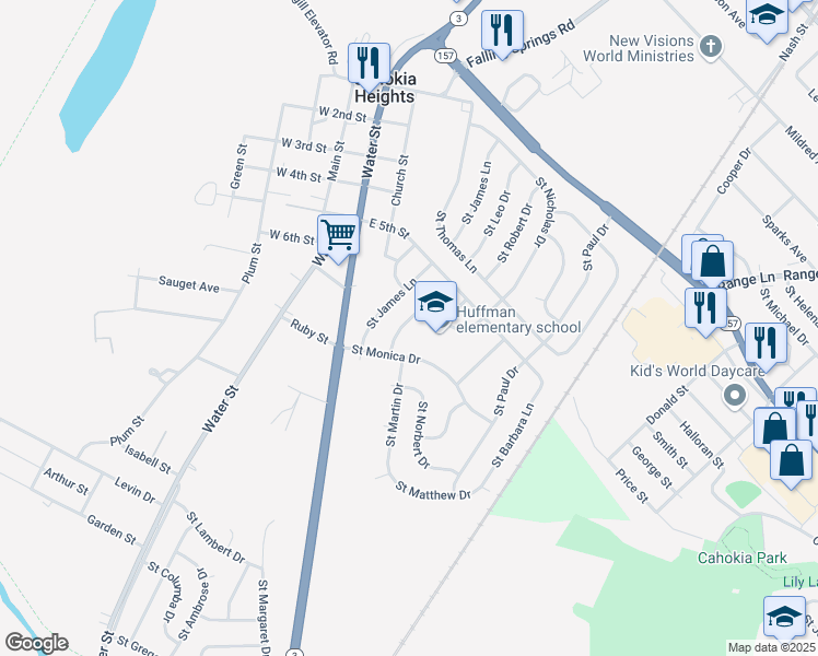 map of restaurants, bars, coffee shops, grocery stores, and more near 526 Saint Leo Drive in Cahokia