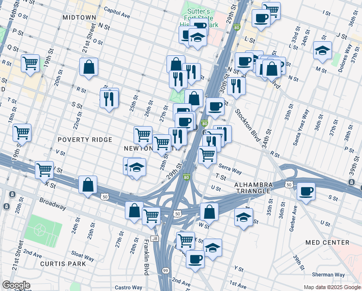 map of restaurants, bars, coffee shops, grocery stores, and more near 2812 S Street in Sacramento