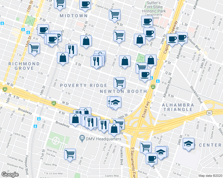 map of restaurants, bars, coffee shops, grocery stores, and more near 2512 T Street in Sacramento