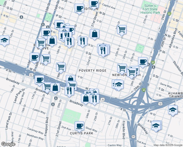 map of restaurants, bars, coffee shops, grocery stores, and more near 2212 U Street in Sacramento
