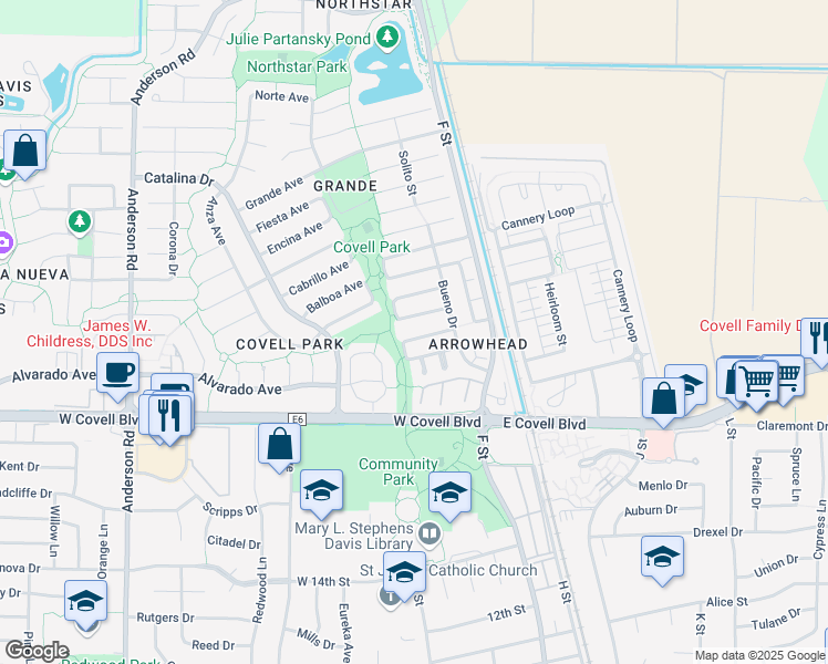 map of restaurants, bars, coffee shops, grocery stores, and more near 265 Baja Avenue in Davis