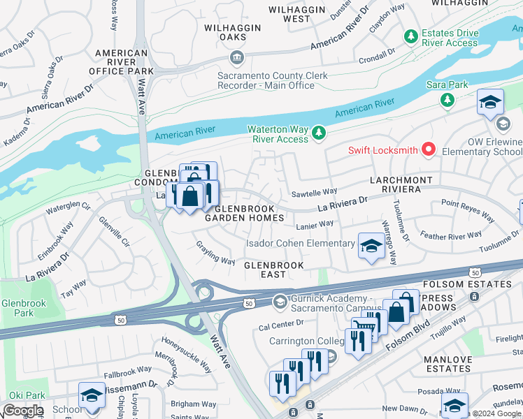 map of restaurants, bars, coffee shops, grocery stores, and more near 8864 La Riviera Drive in Sacramento