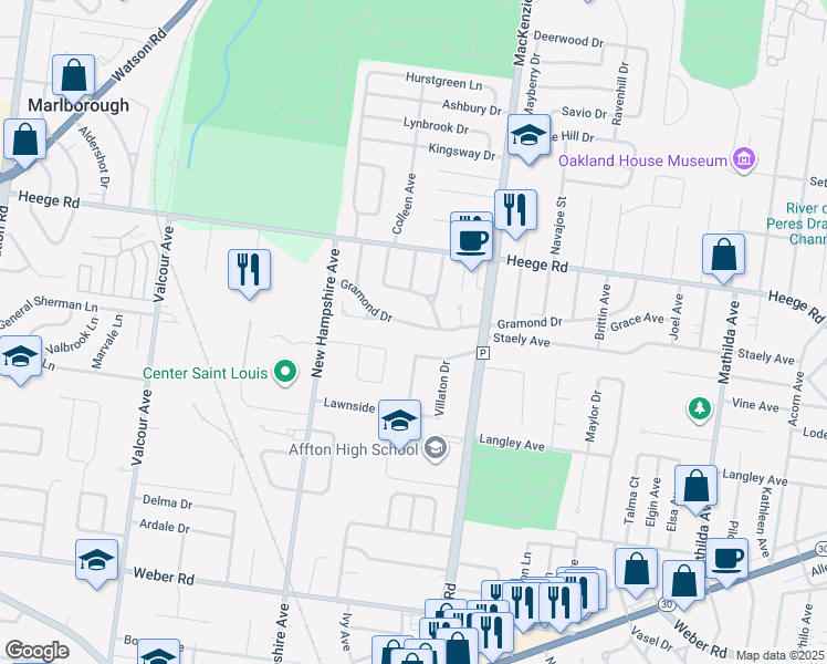 map of restaurants, bars, coffee shops, grocery stores, and more near 6418 Gramond Drive in St. Louis