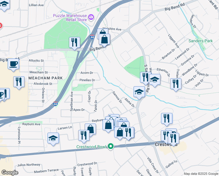 map of restaurants, bars, coffee shops, grocery stores, and more near 761 Samoa Drive in St. Louis