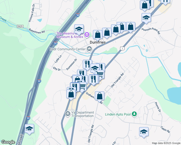 map of restaurants, bars, coffee shops, grocery stores, and more near 17915 Main St in Dumfries