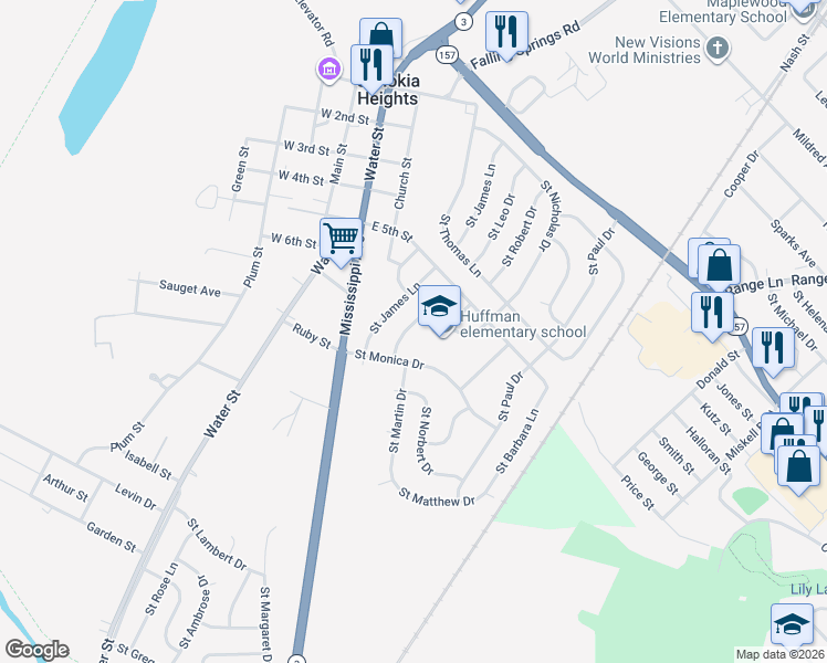 map of restaurants, bars, coffee shops, grocery stores, and more near 526 Saint Leo Drive in Cahokia