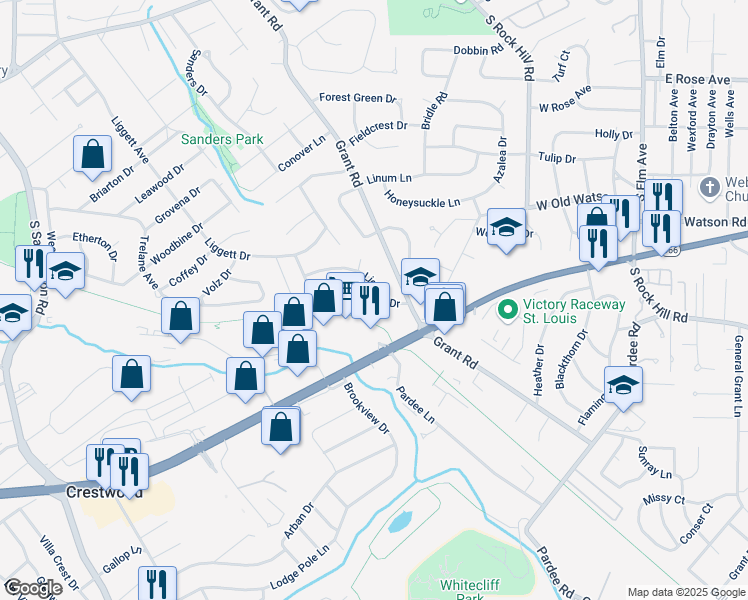 map of restaurants, bars, coffee shops, grocery stores, and more near 1722 Ridgewood Drive in St. Louis