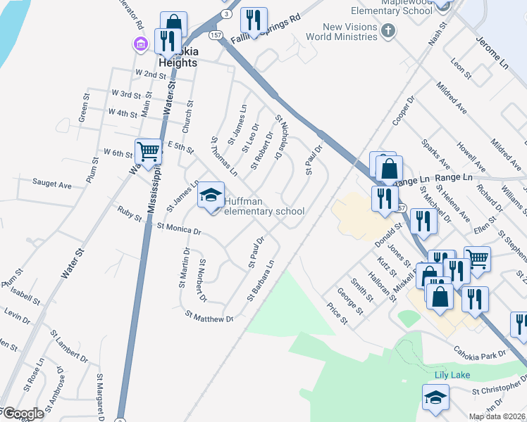 map of restaurants, bars, coffee shops, grocery stores, and more near 810 Saint Thomas Lane in Cahokia