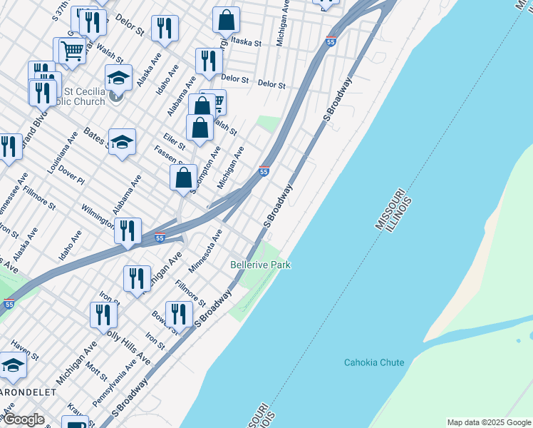 map of restaurants, bars, coffee shops, grocery stores, and more near 5411 South Broadway in St. Louis