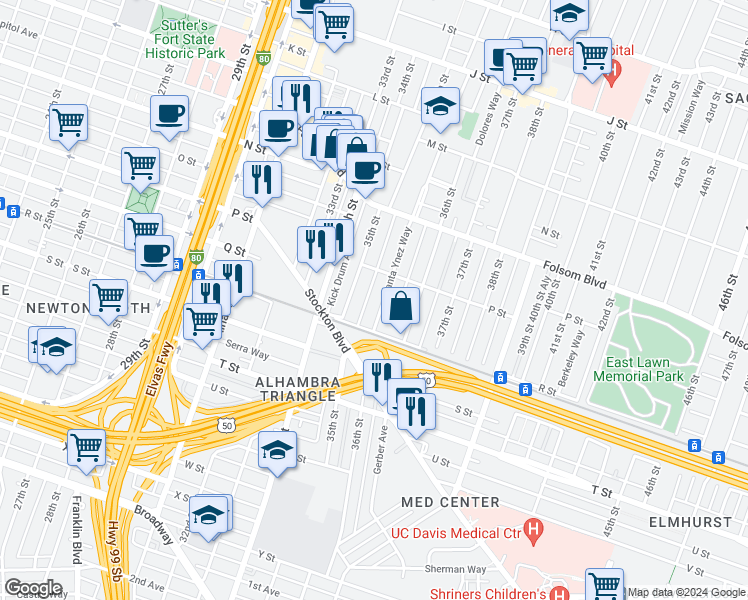 map of restaurants, bars, coffee shops, grocery stores, and more near 1708 Santa Ynez Way in Sacramento