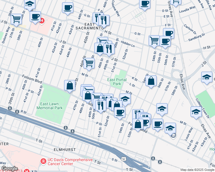 map of restaurants, bars, coffee shops, grocery stores, and more near 50 50th Street 51st Street Alley in Sacramento