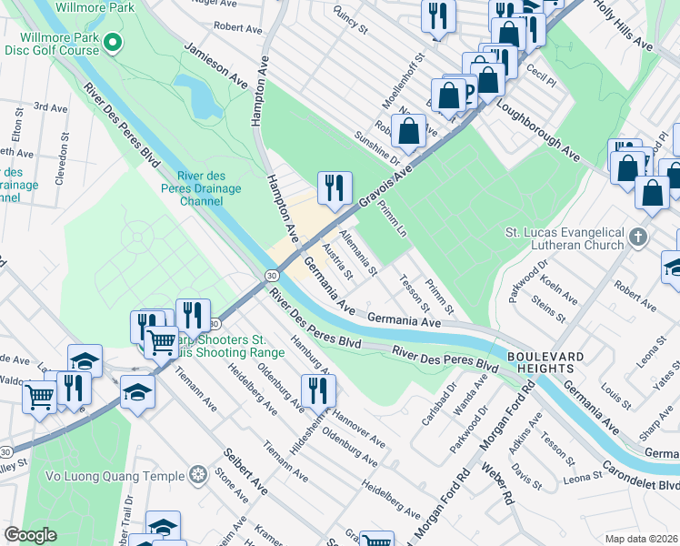map of restaurants, bars, coffee shops, grocery stores, and more near 4826 Austria Street in St. Louis