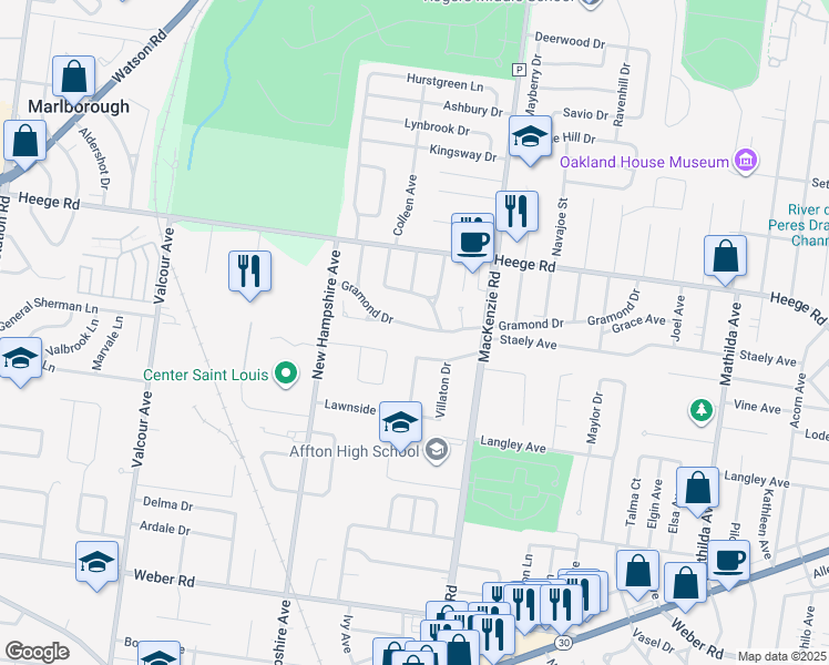 map of restaurants, bars, coffee shops, grocery stores, and more near 6418 Gramond Drive in St. Louis