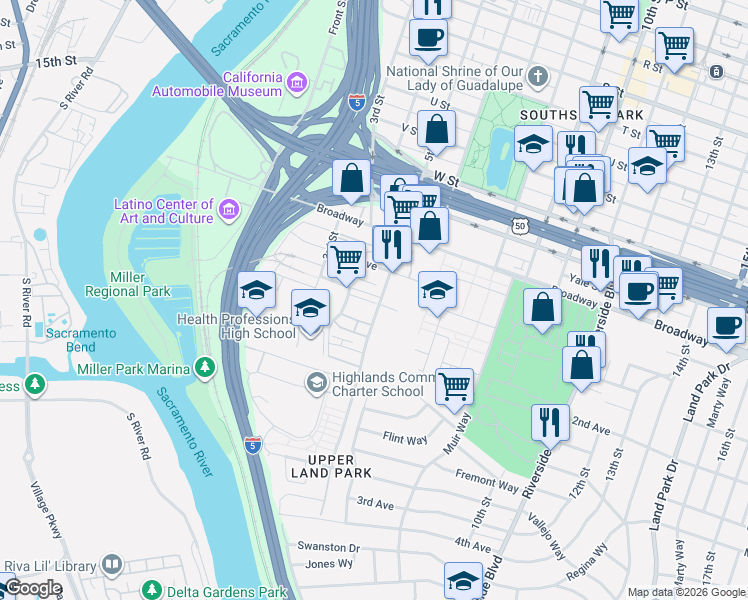 map of restaurants, bars, coffee shops, grocery stores, and more near 438 Crate Avenue in Sacramento