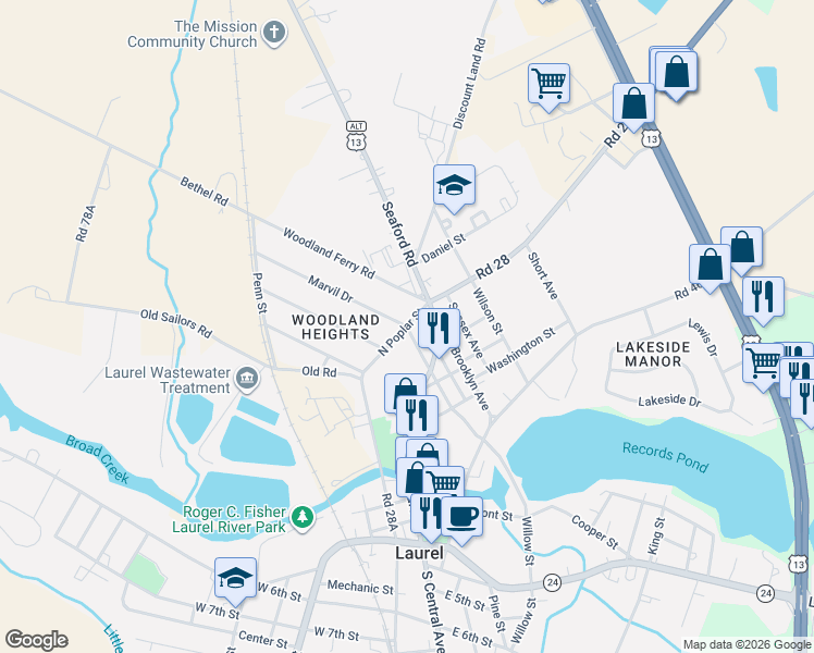 map of restaurants, bars, coffee shops, grocery stores, and more near 30924 North Poplar Street in Laurel