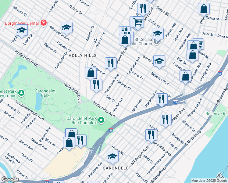 map of restaurants, bars, coffee shops, grocery stores, and more near 6141 Louisiana Ave in St Louis