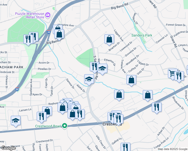 map of restaurants, bars, coffee shops, grocery stores, and more near 1015 Sappington Road in St. Louis