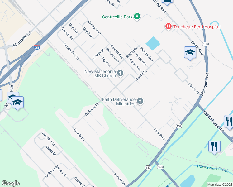 map of restaurants, bars, coffee shops, grocery stores, and more near 6008 Church Road in East St. Louis