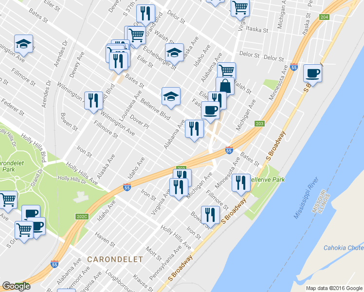map of restaurants, bars, coffee shops, grocery stores, and more near 533 Dover Place in St. Louis