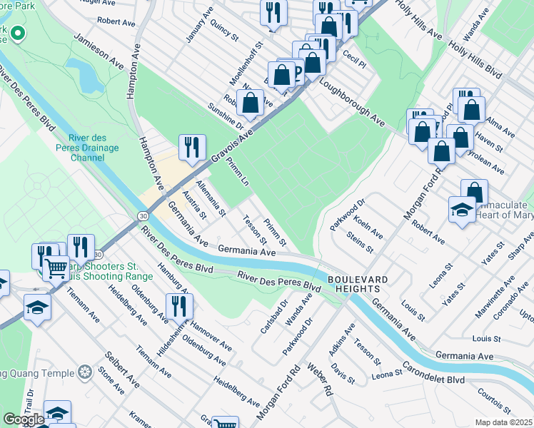 map of restaurants, bars, coffee shops, grocery stores, and more near 4697 Primm St in St Louis