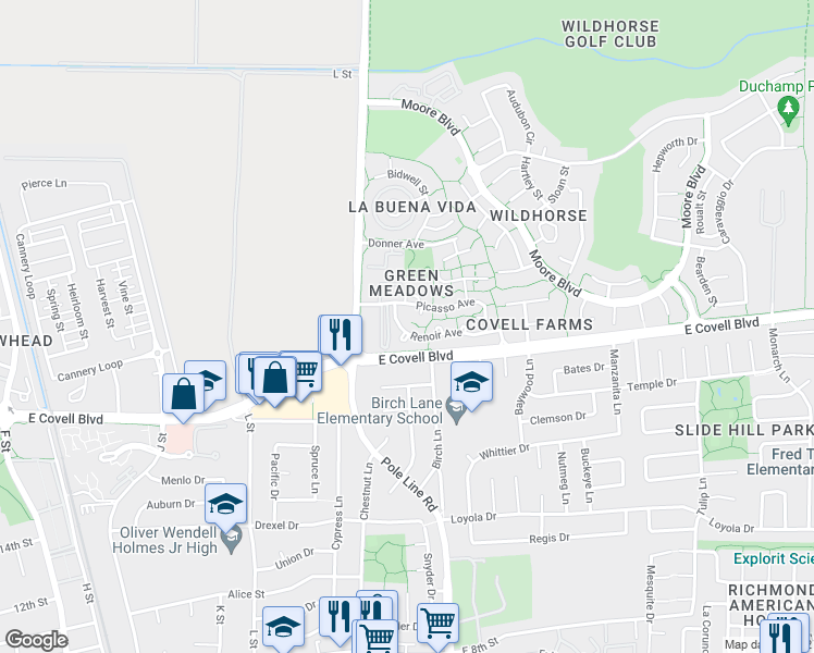 map of restaurants, bars, coffee shops, grocery stores, and more near 1817 Renoir Avenue in Davis