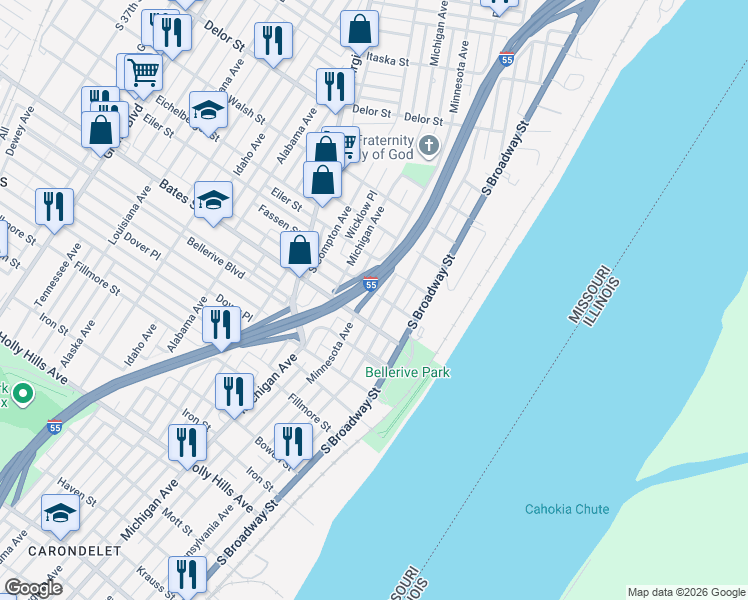 map of restaurants, bars, coffee shops, grocery stores, and more near 220 Fassen Street in St. Louis