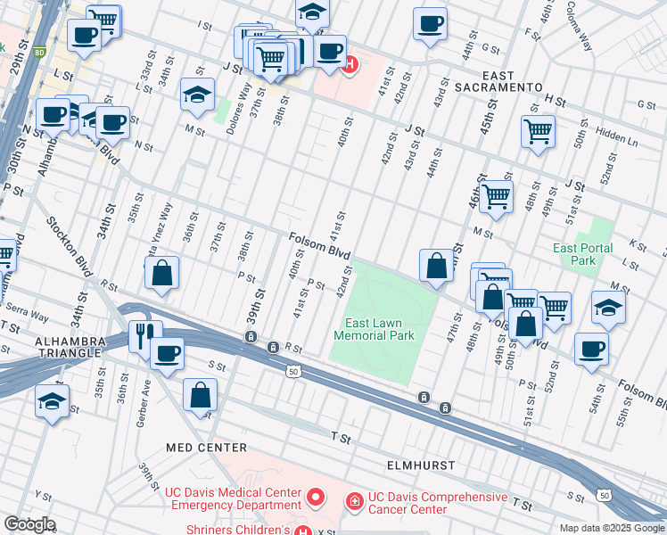 map of restaurants, bars, coffee shops, grocery stores, and more near 4100 Folsom Boulevard in Sacramento