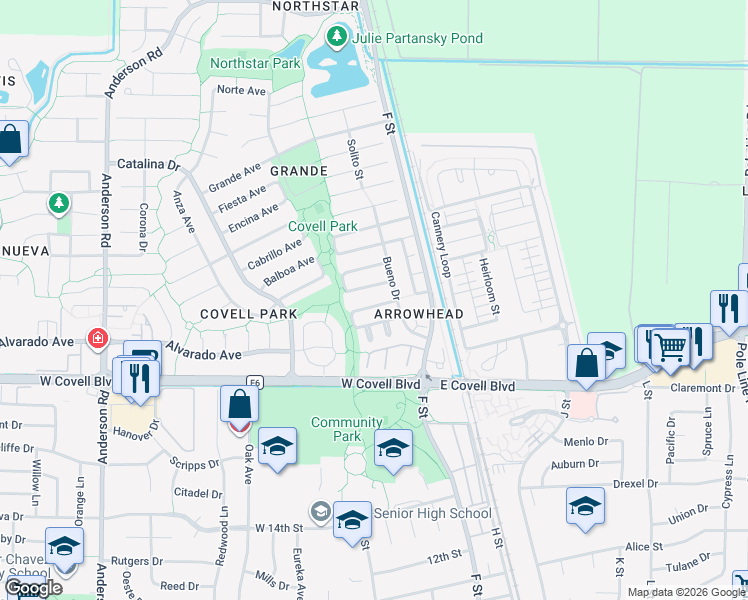 map of restaurants, bars, coffee shops, grocery stores, and more near 265 Baja Avenue in Davis