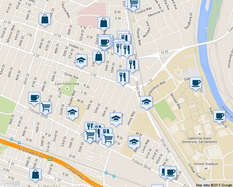 map of restaurants, bars, coffee shops, grocery stores, and more near 1058 56th Street in Sacramento