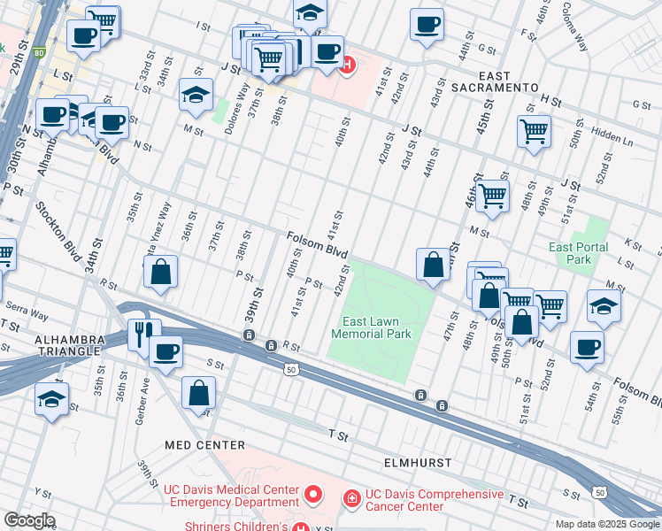 map of restaurants, bars, coffee shops, grocery stores, and more near 4100 Folsom Boulevard in Sacramento