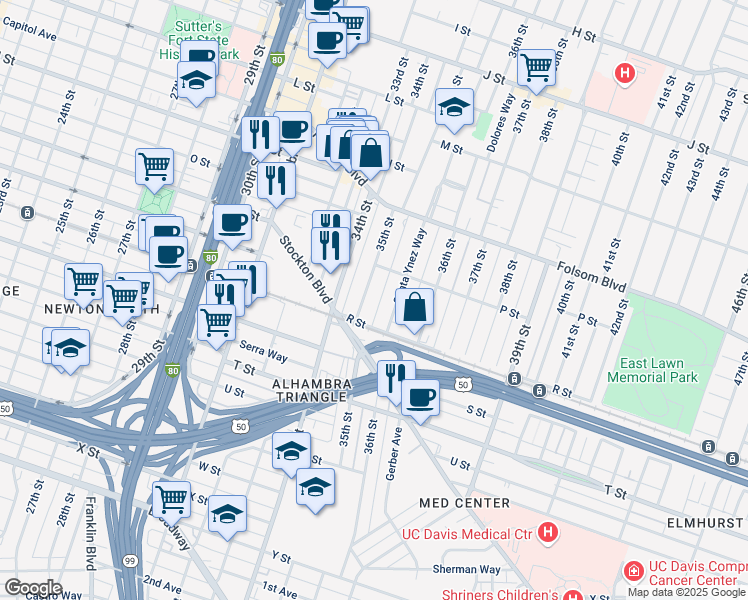 map of restaurants, bars, coffee shops, grocery stores, and more near 1729 35th Street in Sacramento
