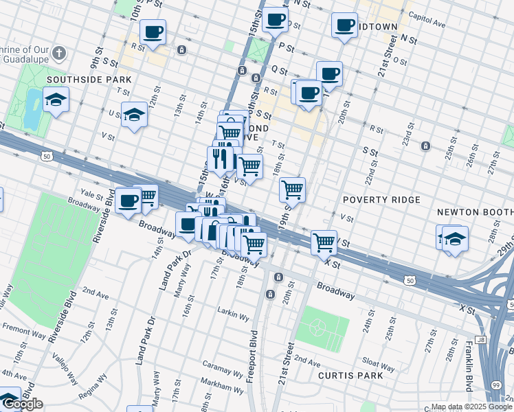map of restaurants, bars, coffee shops, grocery stores, and more near 1709 W Street in Sacramento