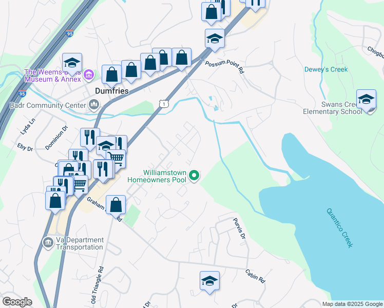 map of restaurants, bars, coffee shops, grocery stores, and more near 3607 Brockenbrough Drive in Dumfries