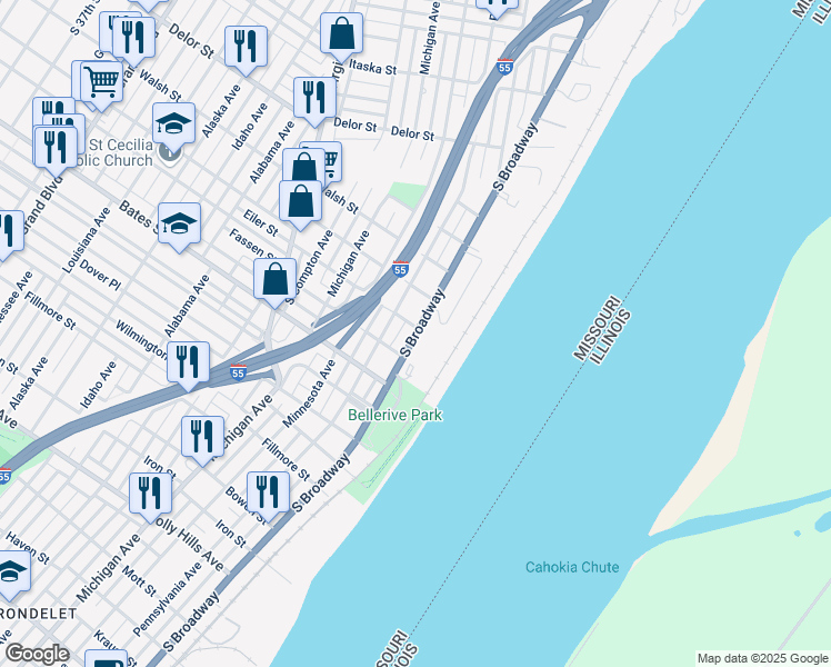 map of restaurants, bars, coffee shops, grocery stores, and more near 5411 South Broadway in St. Louis