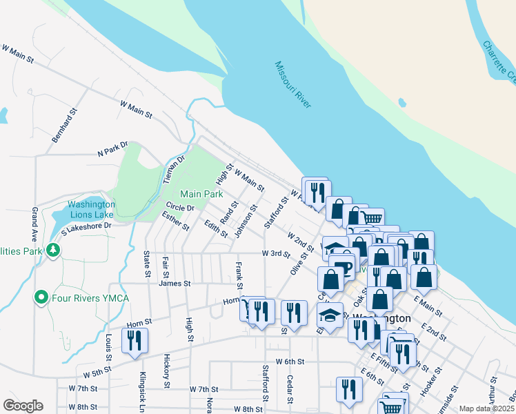map of restaurants, bars, coffee shops, grocery stores, and more near 623 West 2nd Street in Washington