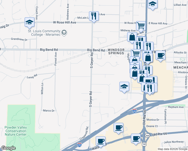 map of restaurants, bars, coffee shops, grocery stores, and more near 1140 South Geyer Road in Kirkwood
