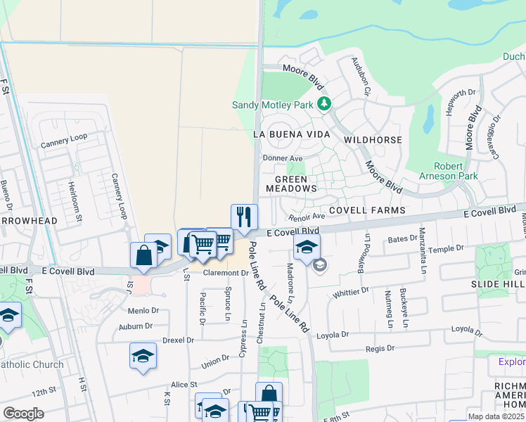 map of restaurants, bars, coffee shops, grocery stores, and more near 1724 Picasso Avenue in Davis