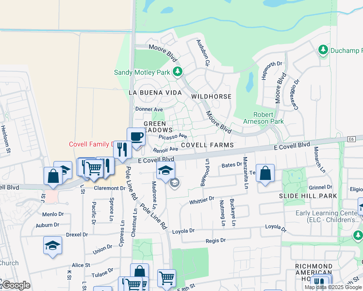 map of restaurants, bars, coffee shops, grocery stores, and more near 2021 Renoir Avenue in Davis