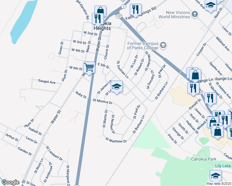 map of restaurants, bars, coffee shops, grocery stores, and more near 600 Saint Robert Drive in Cahokia