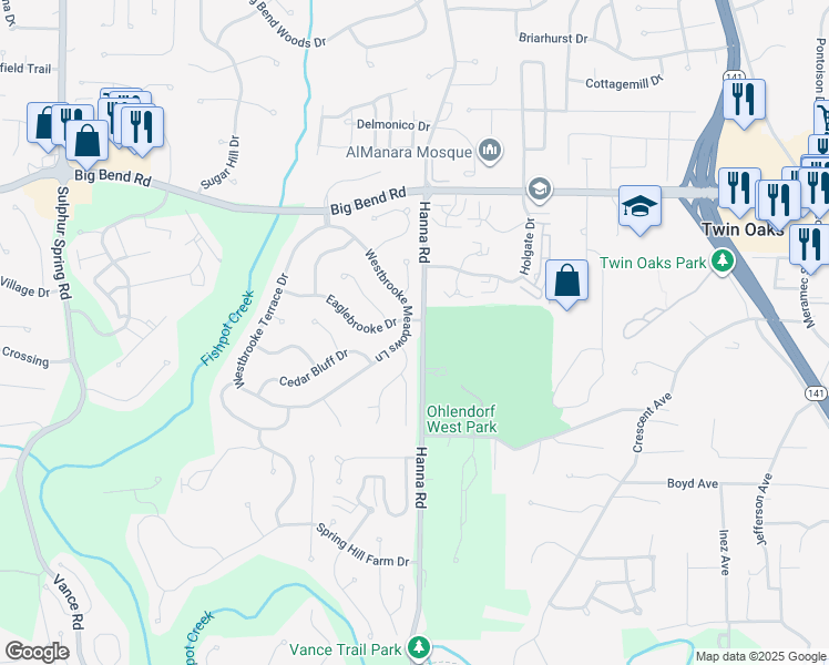 map of restaurants, bars, coffee shops, grocery stores, and more near 1404 Westbrooke Meadows Lane in Ballwin