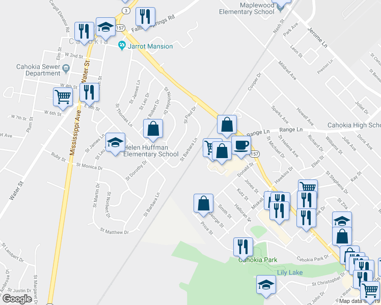 map of restaurants, bars, coffee shops, grocery stores, and more near 124 Saint Barbara Lane in Cahokia