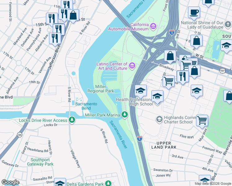 map of restaurants, bars, coffee shops, grocery stores, and more near 2710 Ramp way in Sacramento