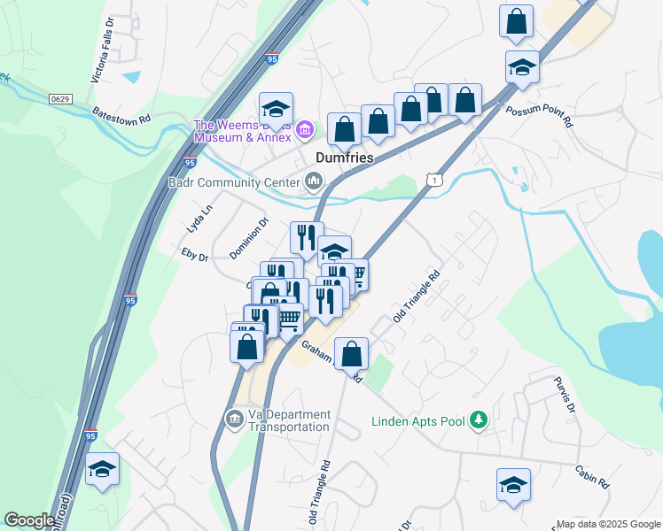 map of restaurants, bars, coffee shops, grocery stores, and more near 17914 Doctor David Cline Lane in Dumfries