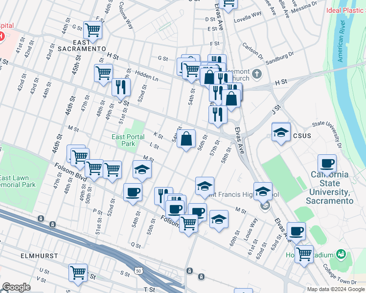 map of restaurants, bars, coffee shops, grocery stores, and more near 1110 55th Street in Sacramento