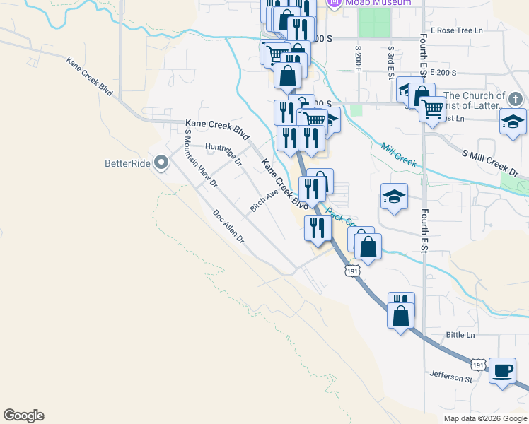 map of restaurants, bars, coffee shops, grocery stores, and more near 750 Huntridge Drive in Moab